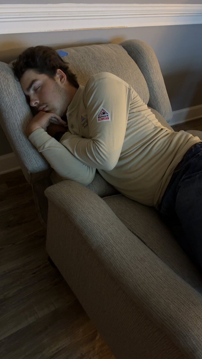 This is my youngest son who works for Georgia Power.  He just finished 14 straight days of 16 hour shifts &amp; never complained once. He’s back on a normal schedule as of today…got home and fell asleep in the chair before supper. I’m very proud of him!
