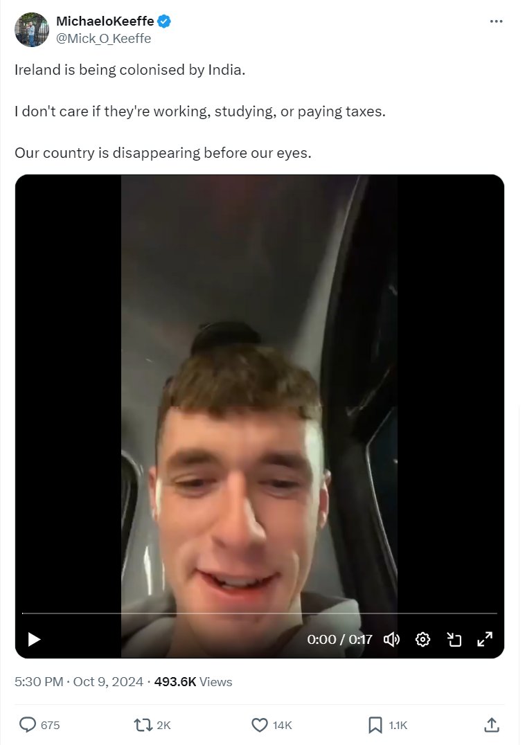 "Ireland is being colonised by India" and "Our country is disappearing before our eyes"  🤷‍♂️

An assertion, by the way, based on a video showing the presence of a handful of non-white people on a bus. 

Racist muppetry from a racist muppet. 

Anyway, a few facts on demography. /1
