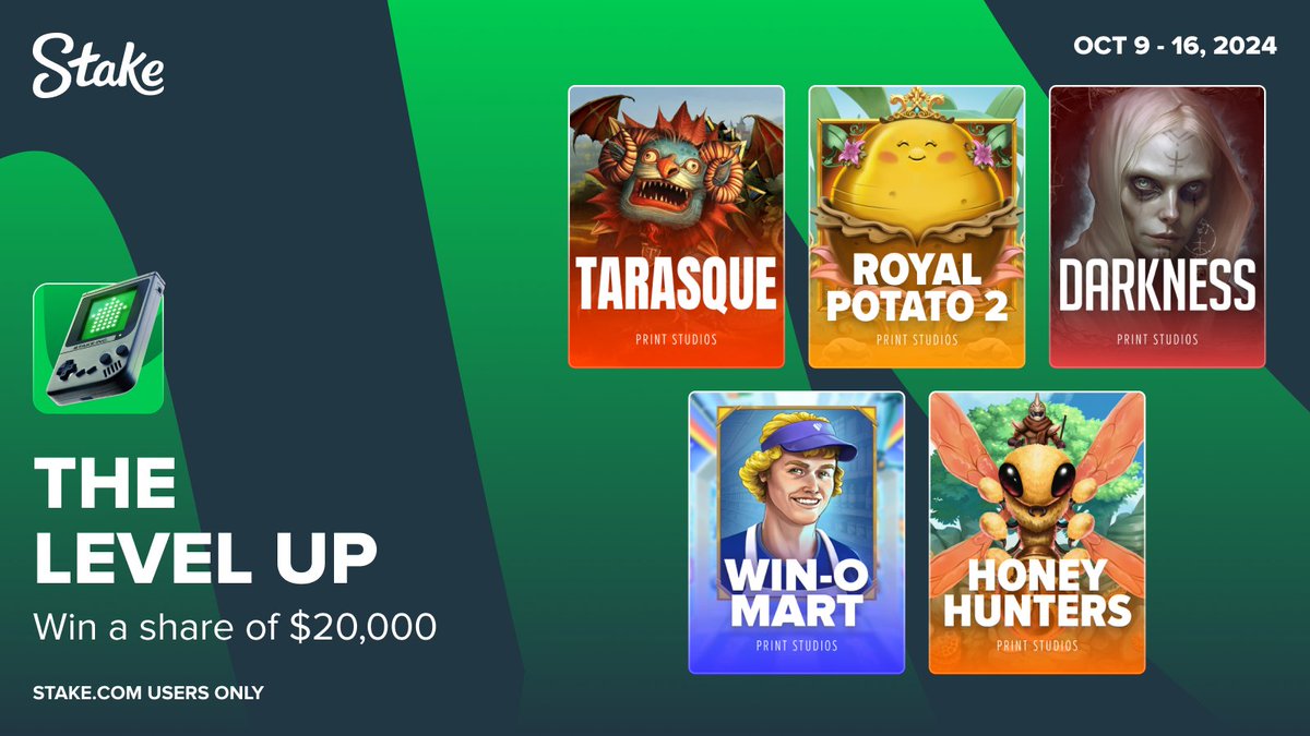 Stake's tweet photo. Check out the new weekly selection of games for the Level Up promo! 📢

Smash through the 5 different multiplier targets on the five selected games and unlock the $20,000 bounty! 🤑

Each level gets tougher but you've got this! 🫶 https://t.co/HarDZ7kVNC