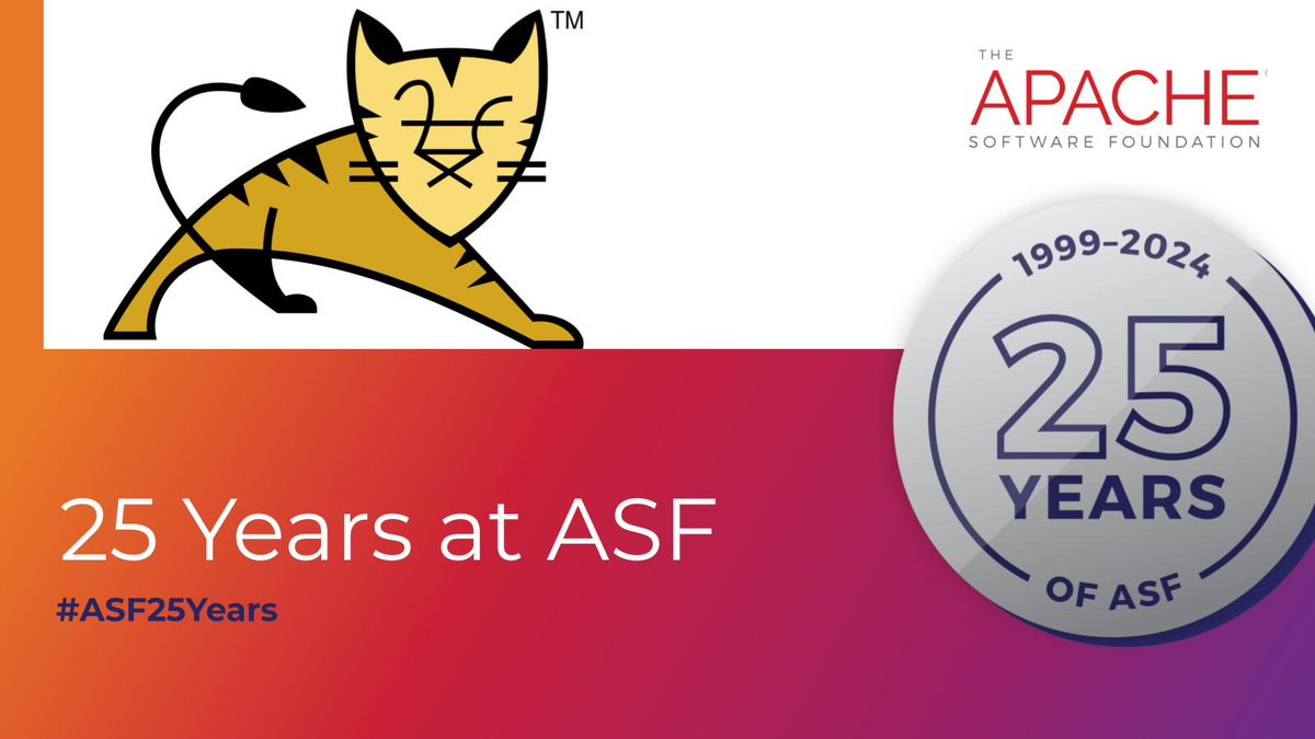 TheASF's tweet image. This week marks the 25th anniversary of the first commit to the Apache Tomcat source code repository since becoming an ASF project. The project also announced Tomcat 11.0 this week. Learn more: bit.ly/4gYR1uE
Congrats @TheApacheTomcat!
#opensource #ASF25Years