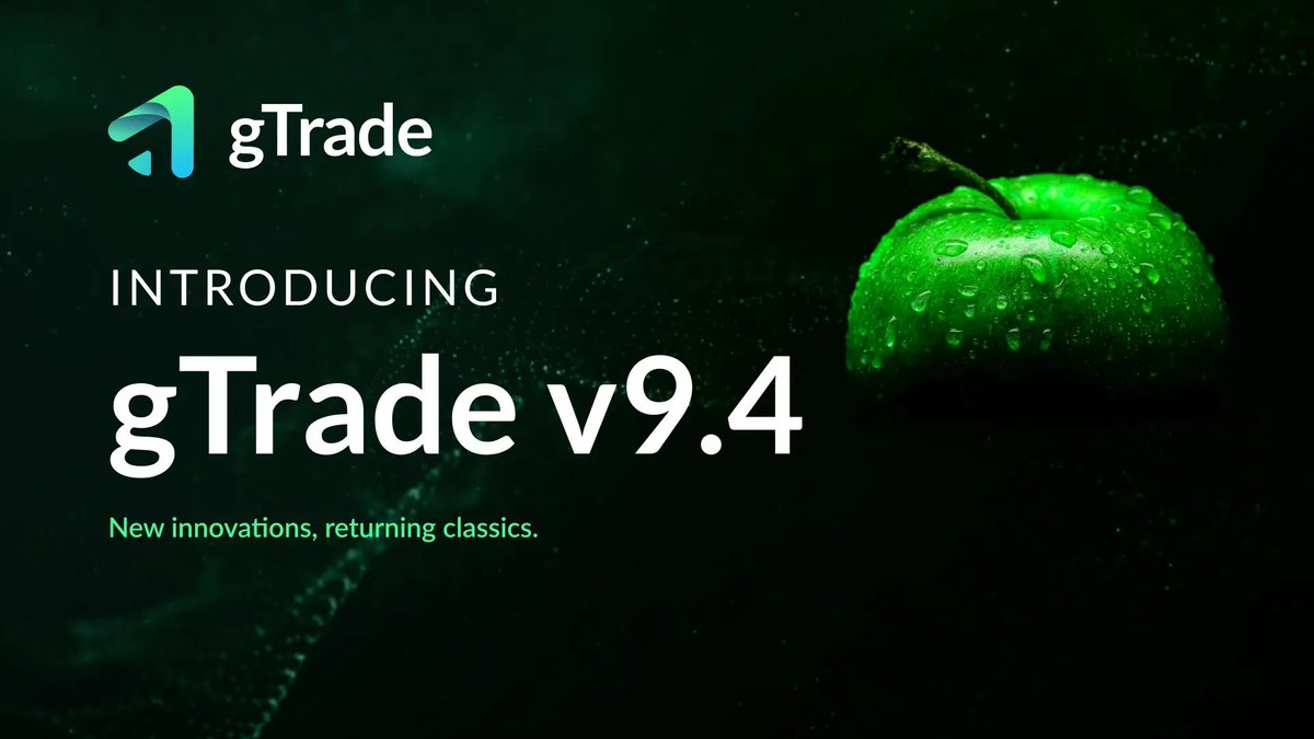 gains_trade's tweet photo. Major Update Loading…

⌛ gTrade v9.4 will go live this Friday ⌛

Let’s unpack these major improvements for the protocol:

🍏 0% Price Impact for $BTC and $ETH is back!
🍏 .08% ⇒ .06% base fee reduction
🍏 gTrade Credits tiers revamp
🍏 Leverage as low as 1.1x