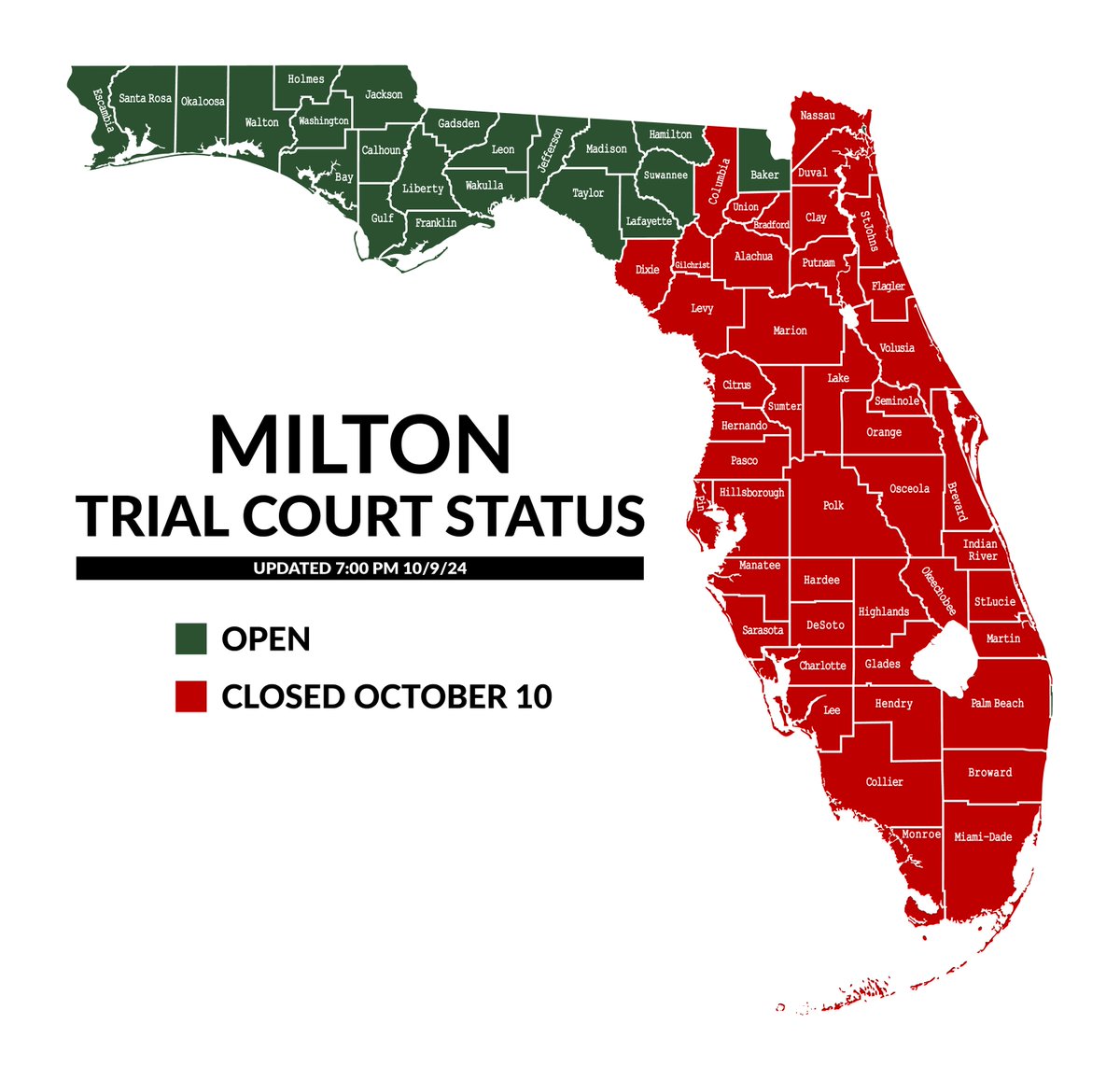 Wednesday evening update: State courts in 46 counties are closed Thursday. The map reflects Thursday closures; details for the rest of the week are in a chart on the website. Local websites and social media have the latest. ow.ly/8WzB50TyP2V