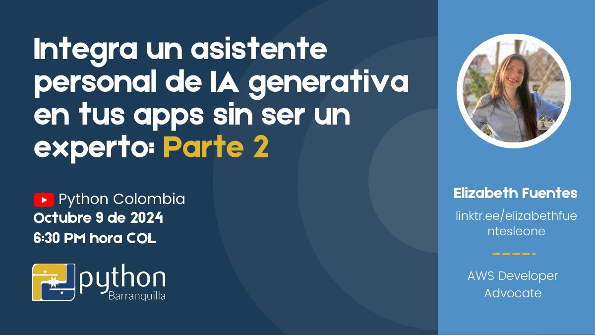 Python Barranquilla (@pybaq) on Twitter photo En contados minutos empezamos nuestra charla sobre #IA generativa con <a href="/ElizabethFue12/">Elizabeth Fuentes</a>
youtube.com/watch?v=I75sSA… En contados minutos empezamos nuestra charla sobre #IA generativa con <a href="/ElizabethFue12/">Elizabeth Fuentes</a>
youtube.com/watch?v=I75sSA…