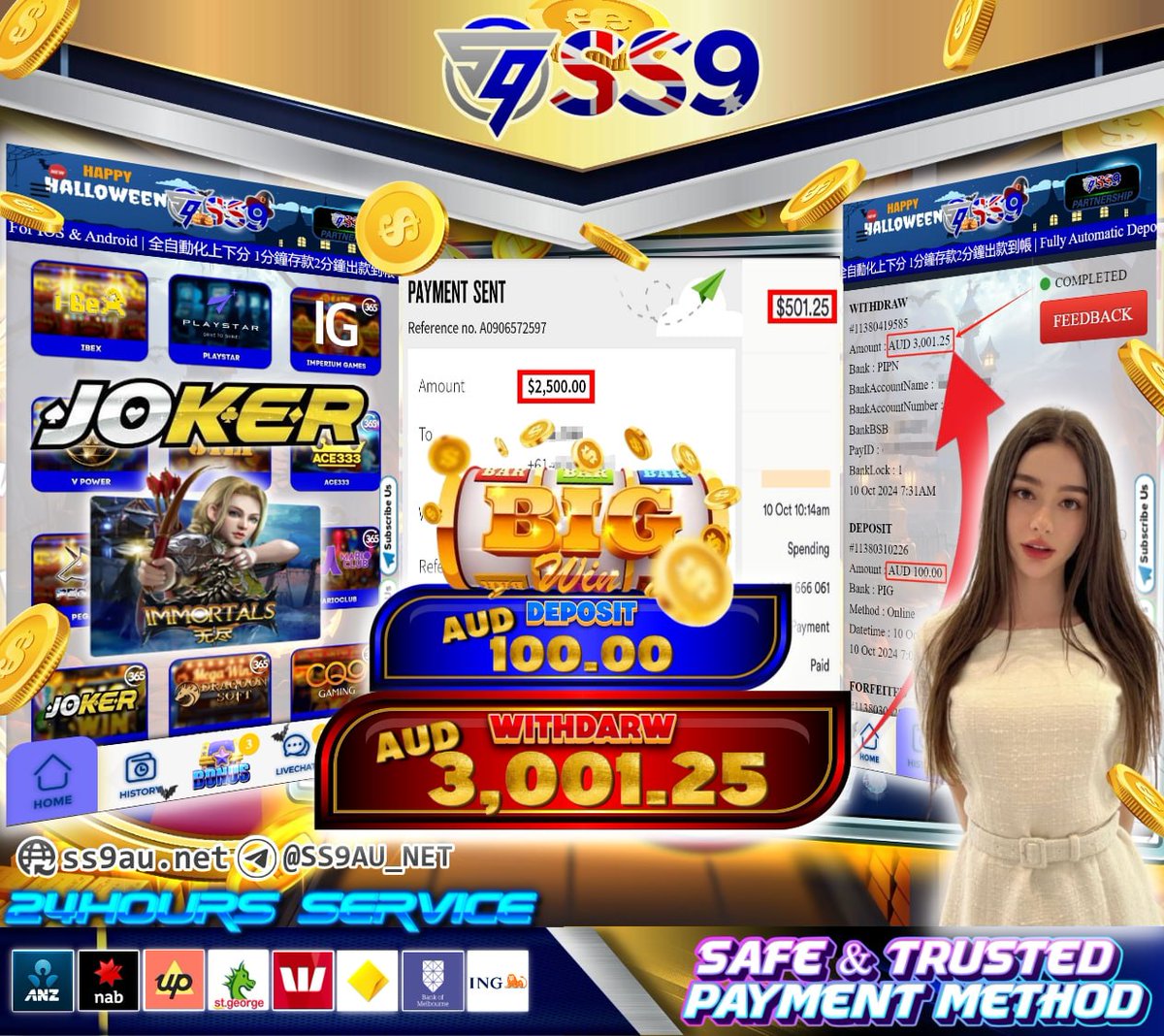 SS9AU_NET's tweet photo. 🦢Play Satisfy with Surprise🦢
🌟 SS9 Australia🇦🇺 | E-Wallet 🌟

DEPOSIT :  AUD 100
GAME :    JOKER (IMMORTAL)
WITHDRAW :  AUD 3,001.25

🟢 FREE AUD 8.99
🟢 New Register Free (Non-Deposit)
🟢 365Days Free Chips $0.1 - $1 https://t.co/YojNdYMdwX