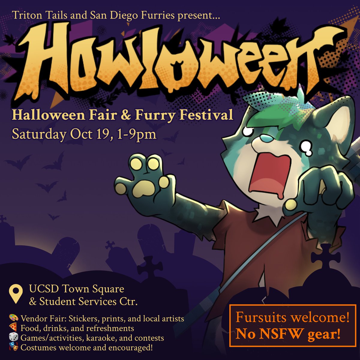 Stay spooky for this Saturday Oct 19 from 1-9pm
👻 Triton Tails, MIAC, SDF, and other orgs. have come together o to bring you Howloween: Halloween Fair &amp; Festival!!
🎲 This is a huge event with food &amp; many fun activities like costume contests, tabletop games, karaoke, etc! (1/2)