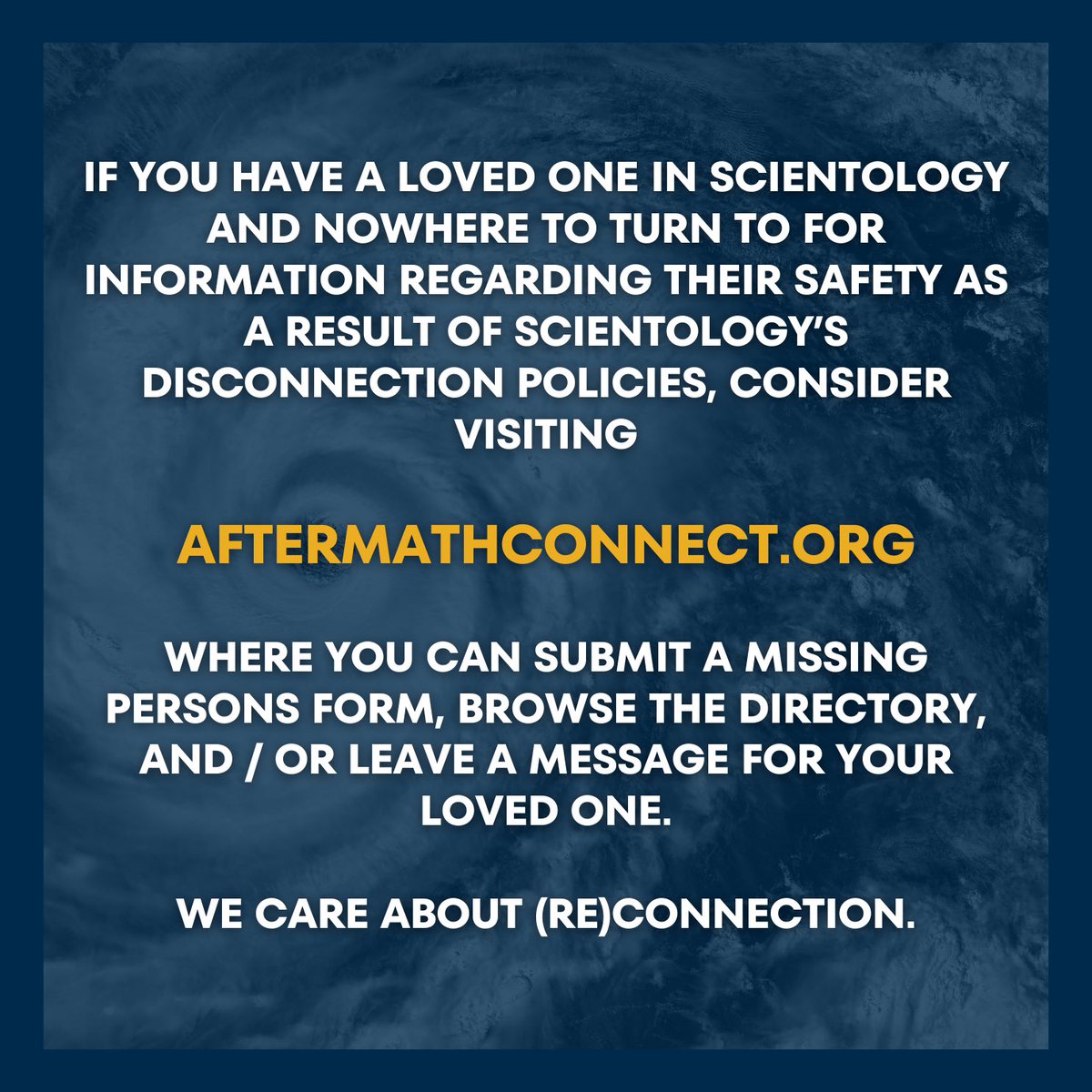 AftermathFdn's tweet photo. We are hoping that everyone is #safe during this time. If you want to send a message to a loved one in #Scientology or the #SeaOrg or if you want to report a #MissingPerson, you can use our #AftermathConnect program at https://t.co/ljHICOGQbX. Stay safe, everyone! π https://t.co/kBoKNbtDAc