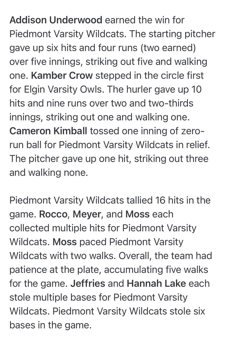 Regionals: Game 1 Recap
Piedmont 18 - Elgin 5

When the team busts out 16 hits, there are not enough characters available!!! We love this problem!! Way to swing it girls!!! #OneMoreToGo #FAR #EAT