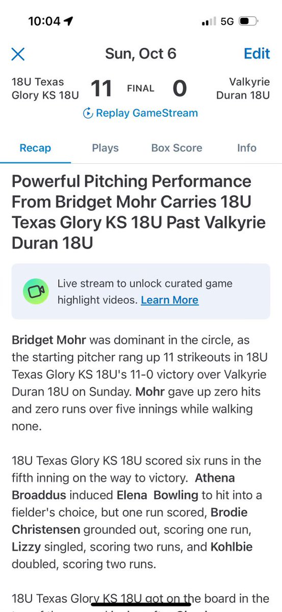bridget_mohr4's tweet photo. Great weekend up in KC, I had 11.2 IP, 19 K’s 2 ER, .105 BAA, 1 BB. https://t.co/JnZI5iq0Ut