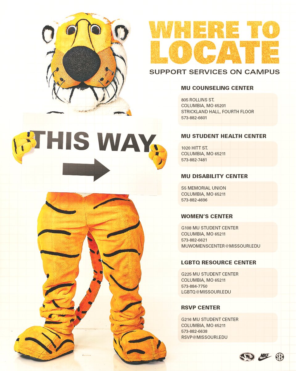 MizzouAthletics's tweet image. We've got your back, Tigers. 🫶

Mental health 𝙞𝙨 health. When you need someone to lean on, we have numerous resources available for our entire campus community.

#MIZ 🐯 x #WinTheGame