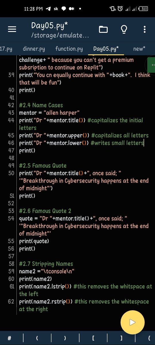 tee_sec's tweet photo. Day 05 of #100DaysofPythonCoding
๐my journey with @Replit has come to an end, I can't afford Replit core.๐ฅ
๐Not to kill the vibe, I'm continuing with the book, PythonCrashCourse.โบ๏ธ
๐I don't want to break the chain.๐
@allenharper https://t.co/oKb5YYsHbL