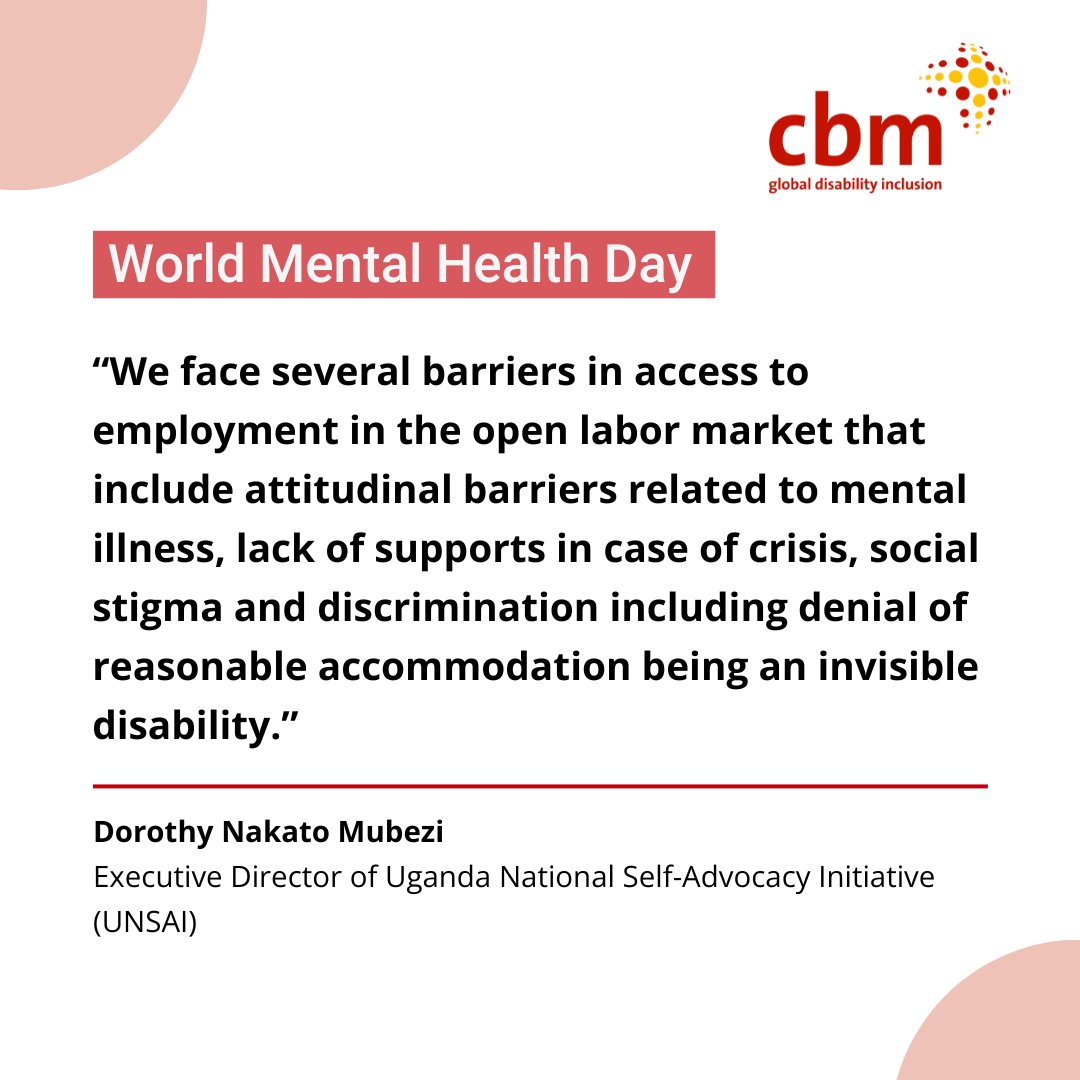 For individuals with lived experience of #MentalHealth disabilities, the workplace can be filled with unseen barriers.

Let’s commit to making mental health a priority in our workplaces.

Read more: cbm-global.org/news/world-men…

#WorldMentalHealthDay #WMHD2024