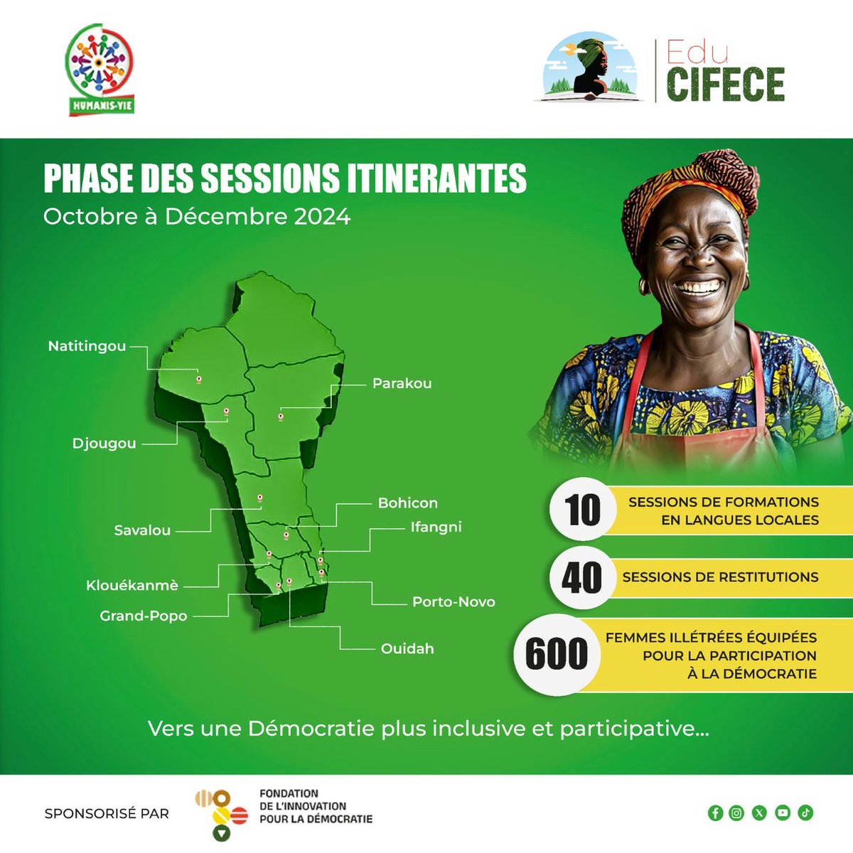 HumanisVie's tweet photo. Seconde phase du projet Edu-CIFECE

✨ 6️⃣0️⃣0️⃣ femmes non alphabétisées issues de 🔟 villes du Bénin recevront des formations essentielles sur l'engagement civique et la participation citoyenne. En valorisant les contes endogènes comme outil d'apprentissage et de sensibilisation. https://t.co/bJZvhnsL8j