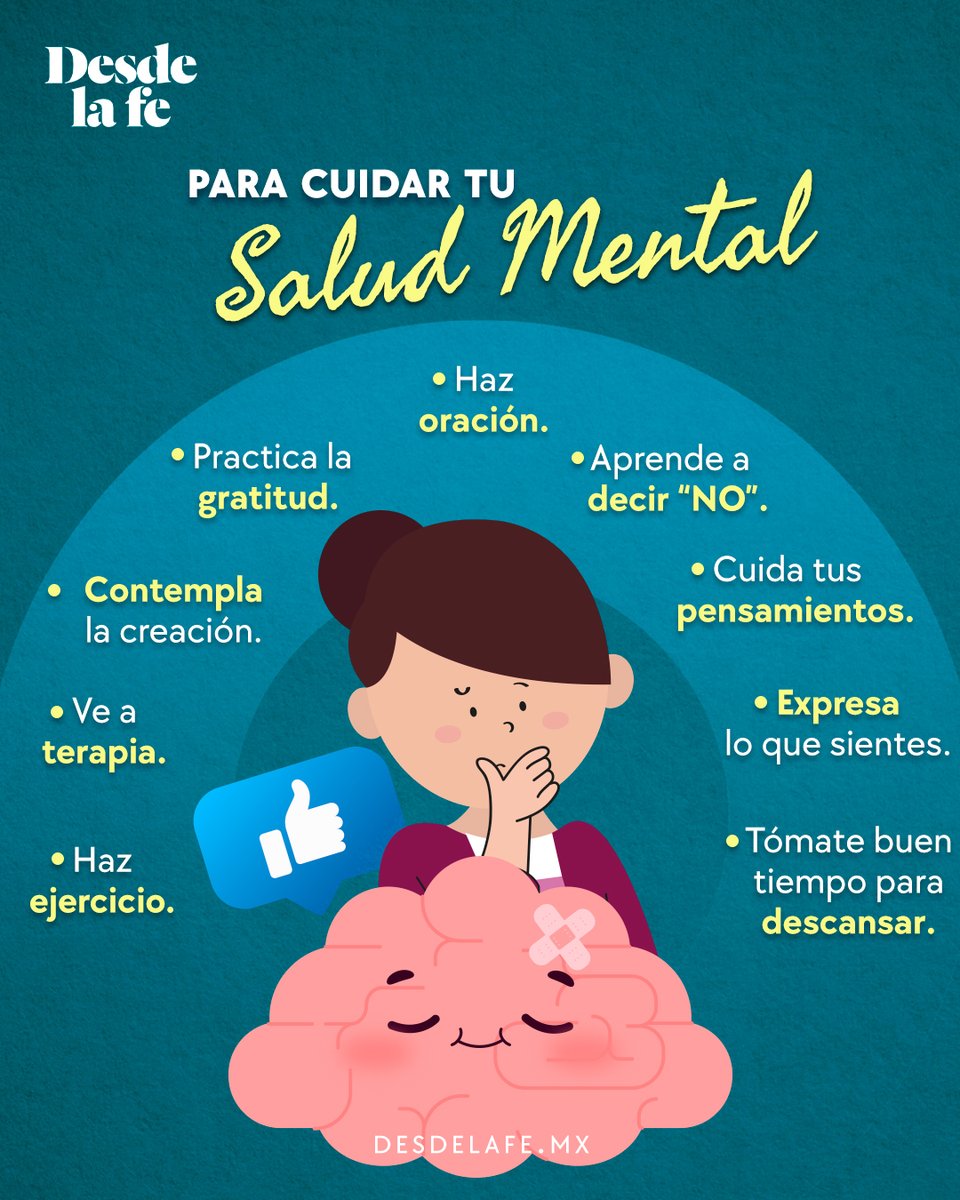 DesdeLaFeMx's tweet photo. #DíaMundialDeLaSaludMental Se habla tanto de la salud mental en estos días pero, algunas veces en nuestra mente, es difícil detener los pensamientos. Estos son algunos tips para cuidarla, pero recuerda siempre acudir por ayuda. 😌🙏 https://t.co/TDqYbgumGn