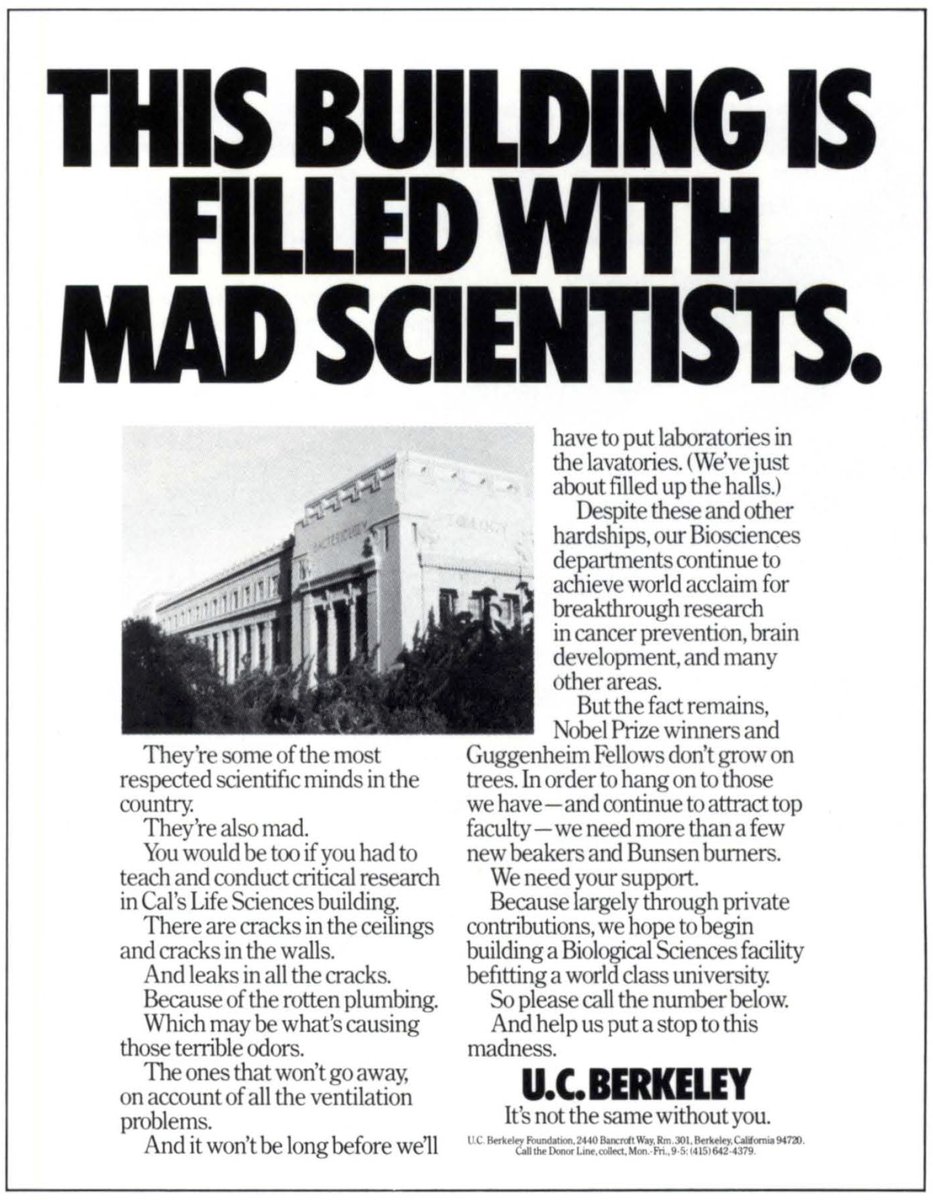 The more things change... amazing print ad from the 1980s when Berkeley reorganized its life sciences departments and launched a renovation campaign <a href="/berkeleyMCB/">UC Berkeley MCB</a> <a href="/berkeleyIB/">UC Berkeley IB</a>
