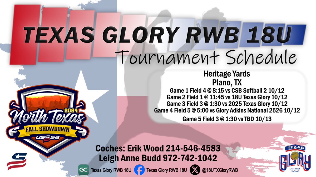 Texas Glory RWB 18U will be at Heritage Yards in Plano, TX this weekend.

Texas USSSA Fastpitch Softball 2024 North Texas Fall Showdown
