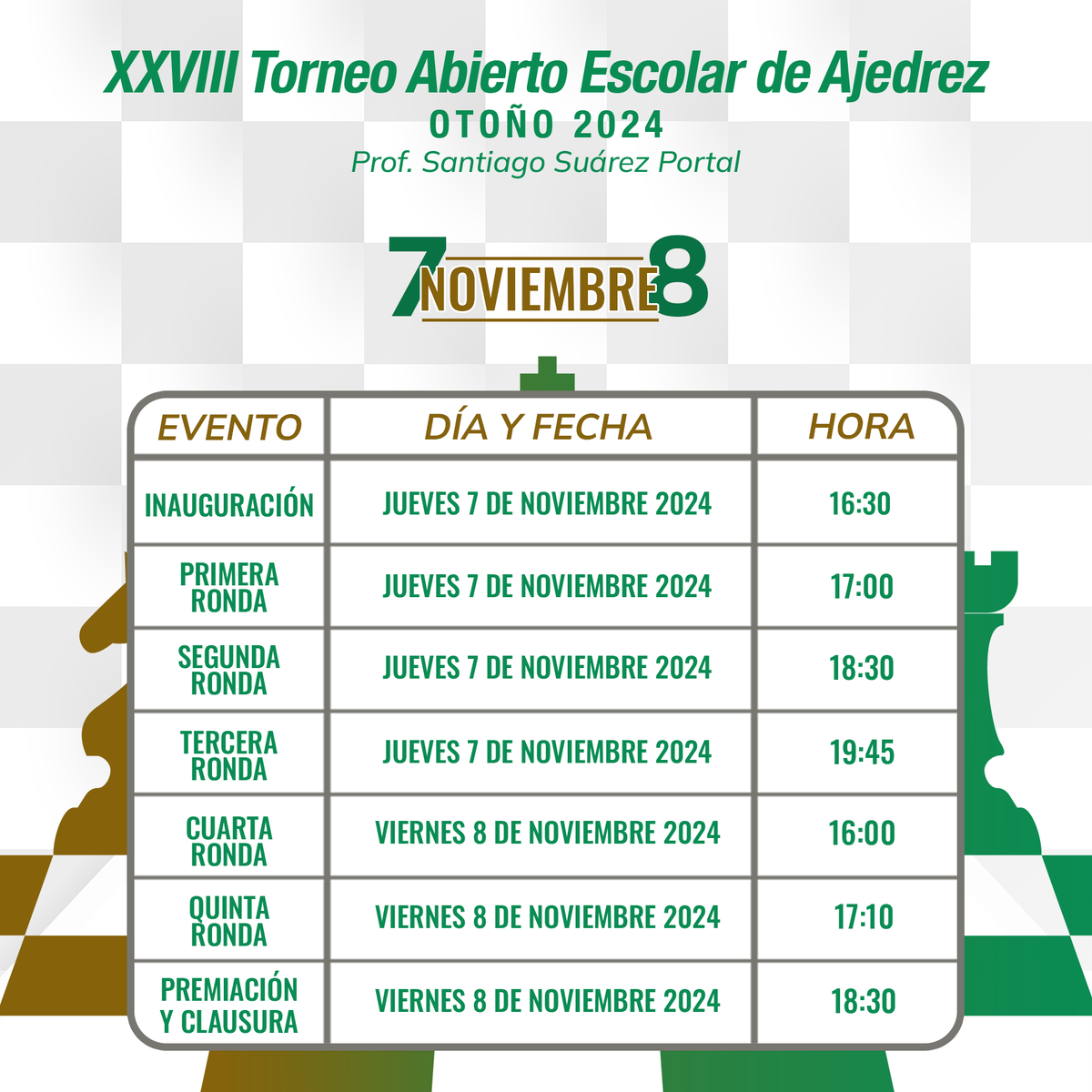 americanomerida's tweet photo. ¡Muy pronto el Torneo de Ajedrez Escolar más importante de Yucatán!

La edición XXVIII del Torneo "Prof. Santiago Suárez Portal" se realizará los días 7 y 8 de noviembre. 

4 Categorías, 2 Ramas: femenil y varonil.

Inscríbete al 99-91-48-53-54 https://t.co/vodoDc4xWm