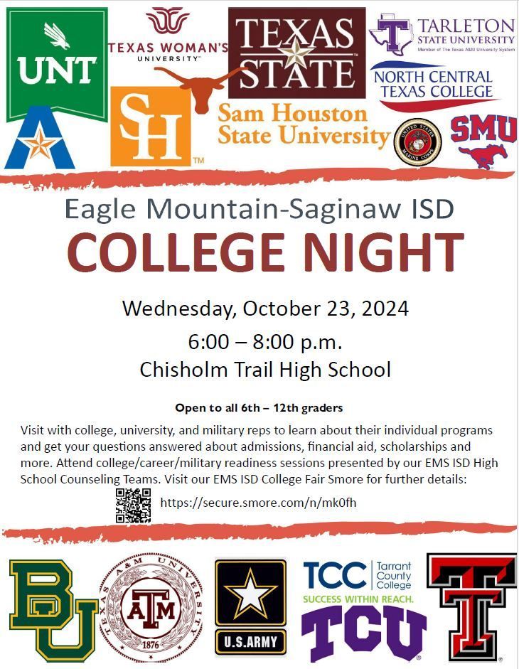 EMSISD college fair is Wed October 23rd at Chisholm Trail HS from 6 to 8PM. For event details check out:
buff.ly/4dzlQTH