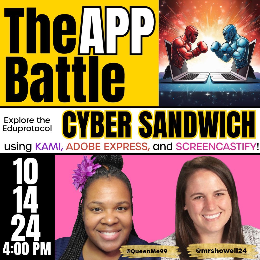 Get ready for The APP Battle! 💥
Explore the Eduprotocol Cyber Sandwich using <a href="/kami/">Kami Mattioli</a>, <a href="/AdobeExpress/">Adobe Express</a>, and <a href="/Screencastify/">Screencastify 🎬</a>
🗓️ Mark your calendars: 10/14/24 at 4:00 PM! ⏰
Join <a href="/QueenMe99/">Olivia Morgan</a> and me for an epic showdown of ideas! 🎉
buff.ly/3XUa7JE