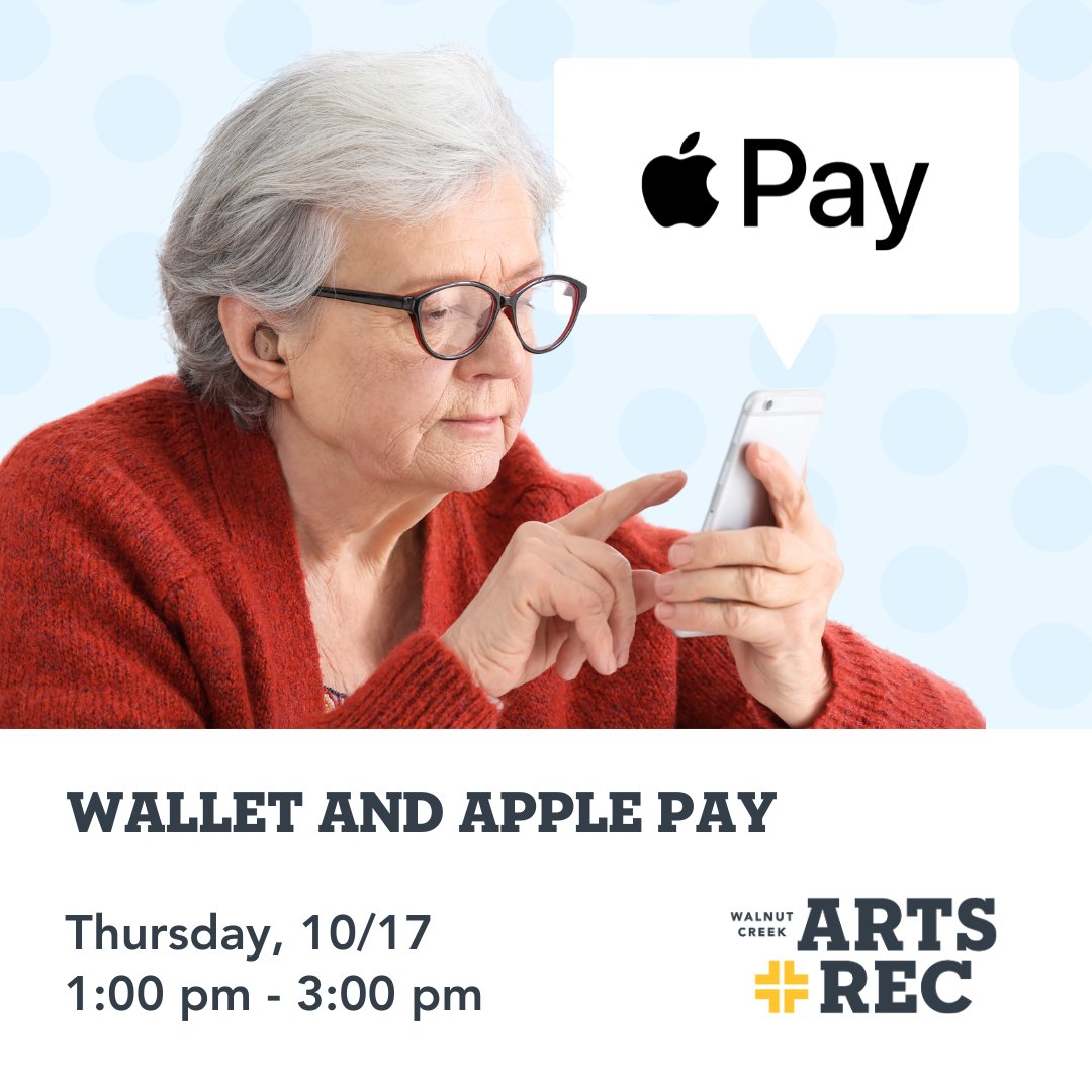 WCArtsRec's tweet image. Wallet and Apple Pay
Thursday, 10/17
1:00 pm - 3:00 pm
Register Here: tinyurl.com/53j6xzes
With Apple Pay and the Wallet app on your iPhone, you’ll not only travel lighter, you’ll be more secure. #TechnologyClass