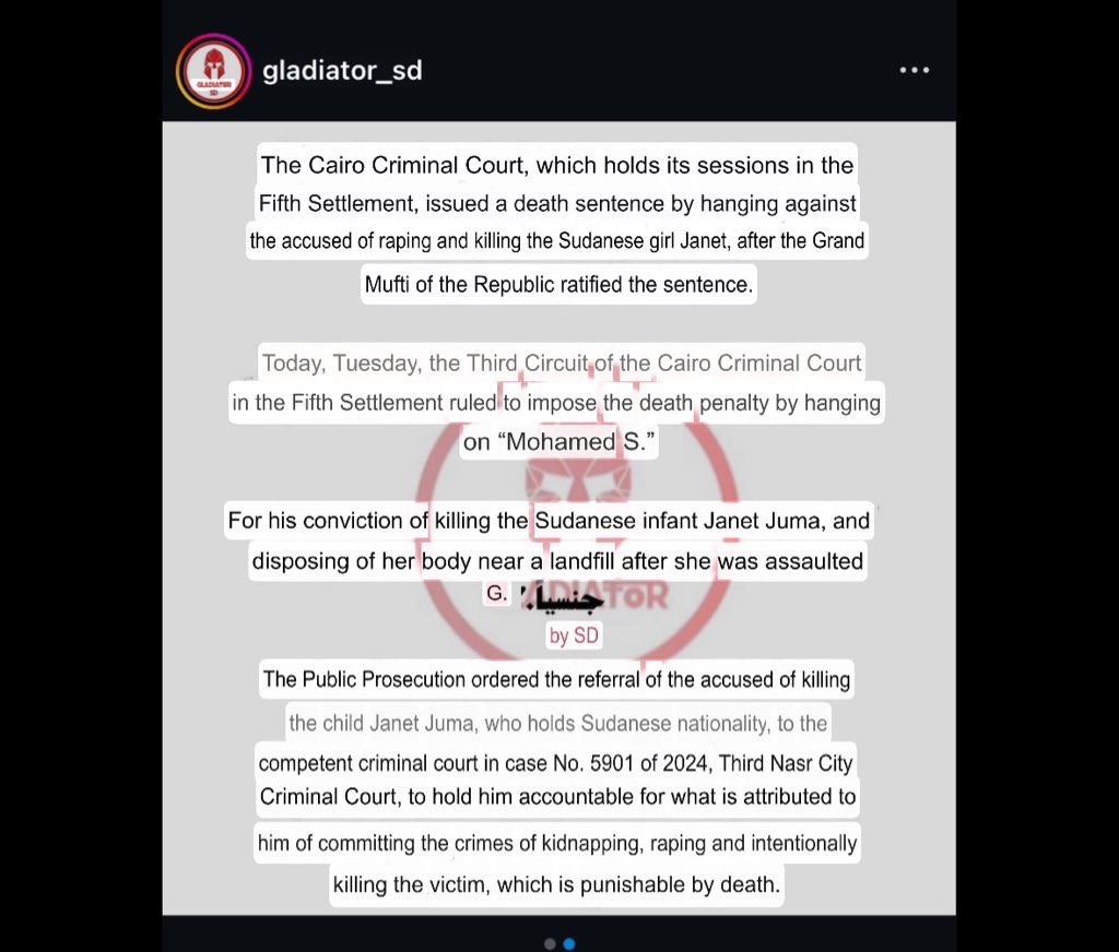 sighahh's tweet image. tw:// child, SA, death 

Reposting with different wording so I don’t get suspended. The Egyptian man who raped and killed baby Janet has been sentenced to death by hanging. 

#JusticeForJanet #SSOX #KeepEyesOnSudan #حق_الطفلة_جانيت