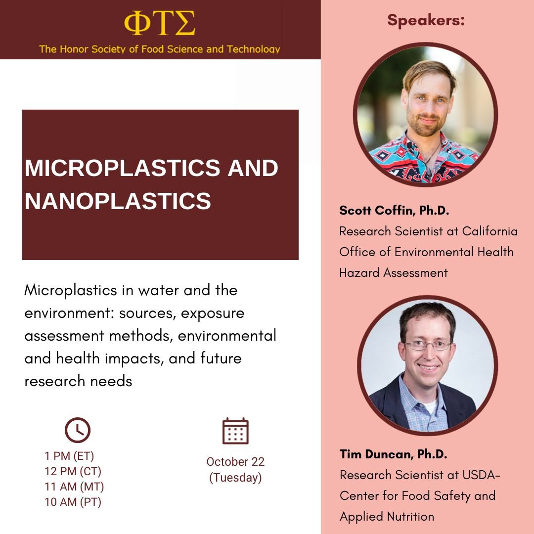 Join my for a free webinar hosted by Phi Tau Sigma on October 22 where I will discuss #microplastics and #nanoplastics with co-presenter Dr. Tim Duncan (FDA).

fda.zoomgov.com/meeting/regist…