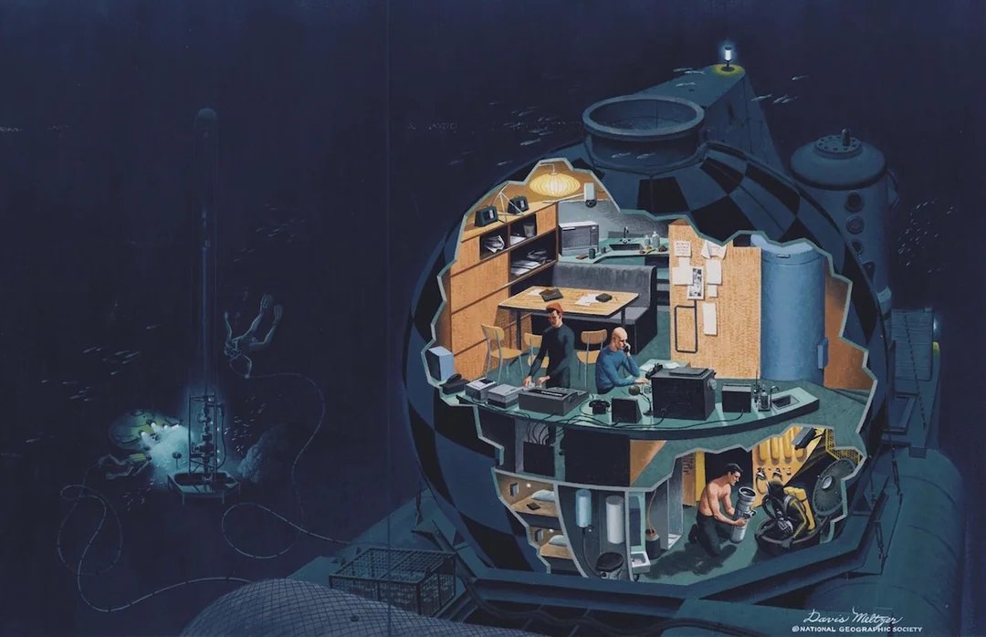 Infanago's tweet photo. Once I'm no longer busy I'm gonna start development on my next horror game, I'm taking inspiration from this drawing by Davis Meltzer of the Conshelf III underwater lab. The project will definitetly be the largest I've done. 

#indiedev #gamedev #horror https://t.co/9RaaeEfGoT