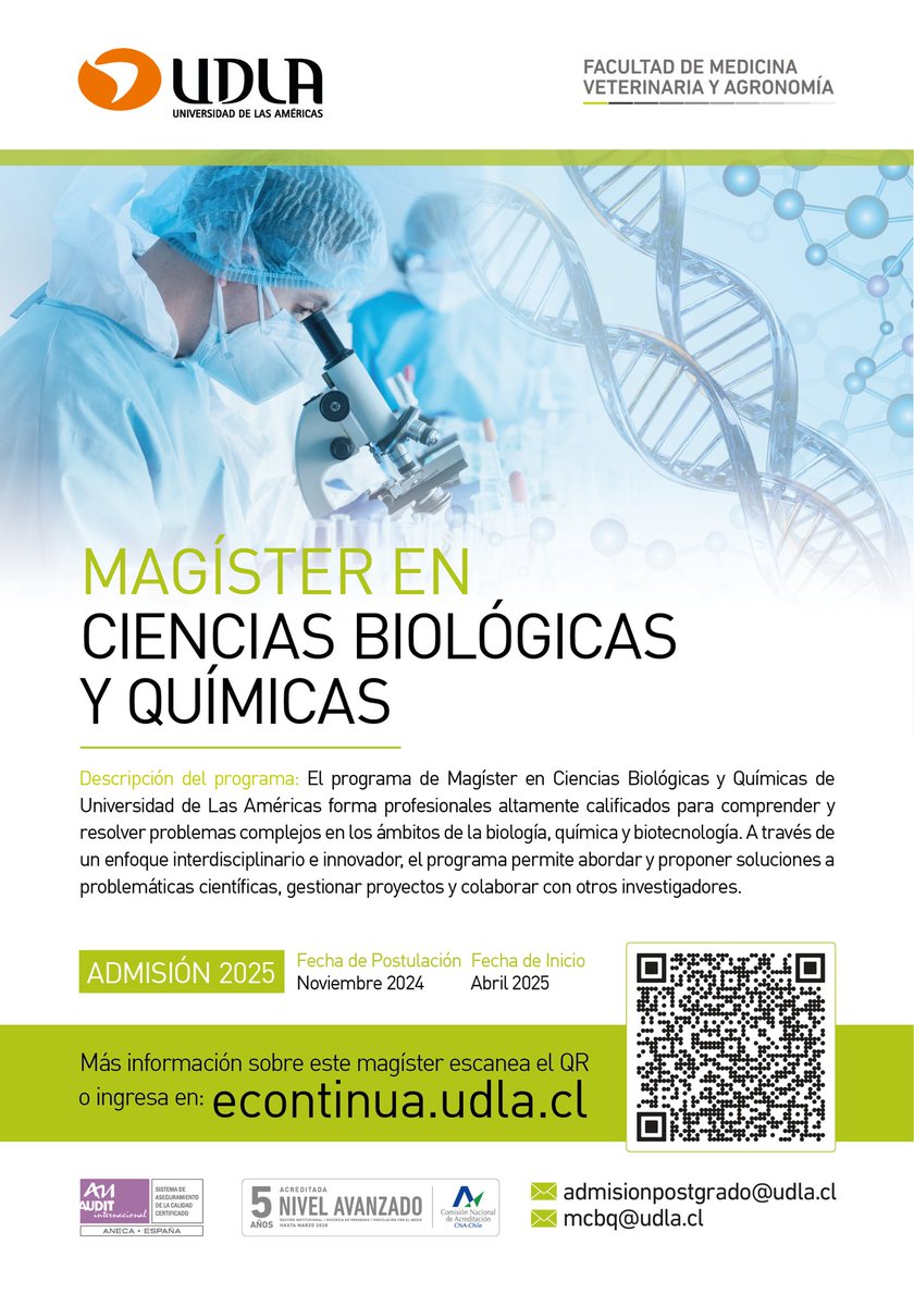 Conoce el nuevo programa de Magister en Ciencias Biológicas y Químicas de UDLA. Para mas información escanea el QR o escríbenos a mcbq@udla.cl
<a href="/UDLA_CL/">UDLAChile</a> <a href="/SaludSocUDLA/">Facultad de Salud y Ciencias Sociales UDLA</a> <a href="/UDLAInvestiga/">Investigación UDLA</a>