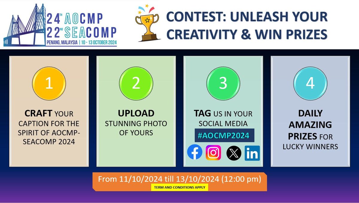 🎉 Unleash Your Creativity and Win Exciting Prizes! 🎉

Join the AOCMP-SEACOMP 2024 Contest and show off your creativity to celebrate the spirit of the congress 
Good luck to all participants! 🏆
#AOCMP2024 #SEACOMP2024 #MedicalPhysics #HealthcareInnovation #Penang #Malaysia