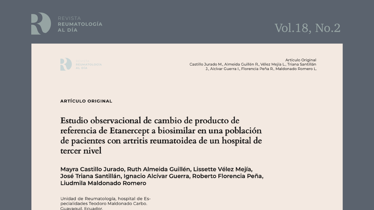 De un total de 96 pacientes incluidos en el estudio, 37 pacientes se encontraban en remisión durante el tratamiento con ETN-PR, de éstos; 31 (84%) pacientes permanecieron en remisión posterior al cambio.
Artículo completo reumatologiaaldia.com
<a href="/SERECUADOR1/">Sociedad Ecuatoriana de Reumatología</a>