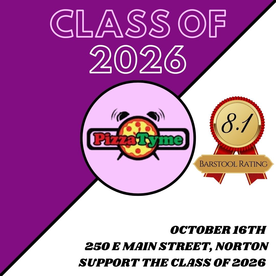 nortonclass2026's tweet photo. Grab lunch or dinner at Pizza Tyme on Wednesday, October 16, 2024, 11:00 am to 9:00 pm and support the @nortonclass2026! #NPSPride #Classof2026 🍕😎💜 https://t.co/DdKAwGPczr