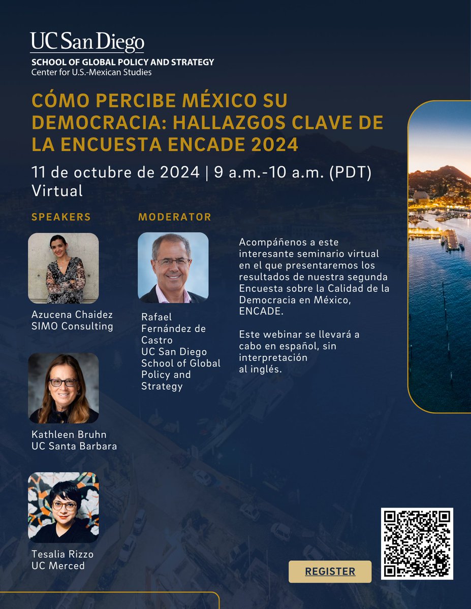 🌐 ¡Nuestra directora general <a href="/achaidez/">Azucena Cháidez</a>
participará en el seminario virtual organizado por
<a href="/USMEXUCSD/">USMEX</a>!
🔎Se presentarán los resultados de la Encuesta sobre la Calidad de la Democracia en México🇲🇽 #ENCADE2024 
👉Este  viernes 11 de octubre a las 9 AM (PDT)👈