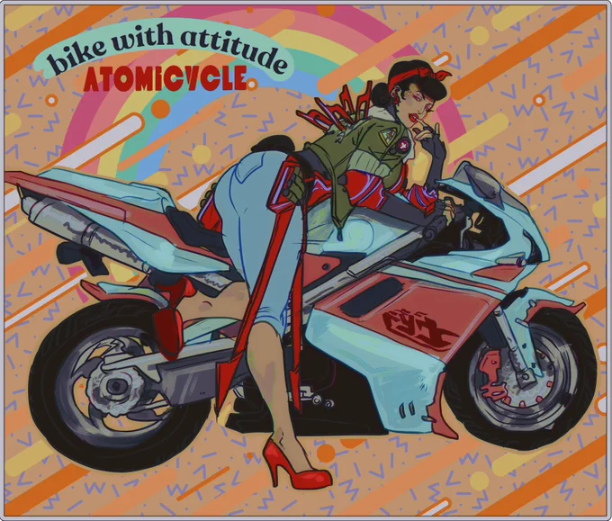 Day 8: Atomicycle! in the style of pinup posters with some early 90s pattern vomit :D   (REPOST because twitter butchered the quality)#Tennotober #Tennotober2024 