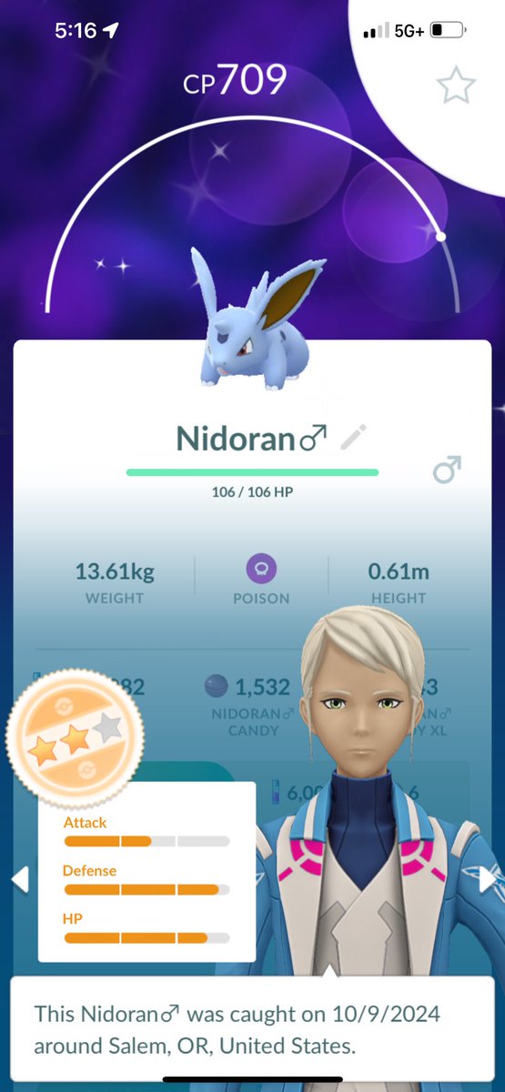 HaileyShhh's tweet photo. Finally got the male!!  My autocatcher pulled this for me while I was driving home from work.  Yay!  #pokemongo https://t.co/h3yz9jh8O8