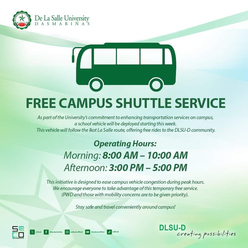 DLSUD's tweet image. As part of the University’s bid for a zero-carbon campus by 2050, DLSU-D is implementing measures to reduce the number of vehicles on campus and temporarily.

Read more here : dlsud.edu.ph/news/2024/cars…

#CreatingPossibilities