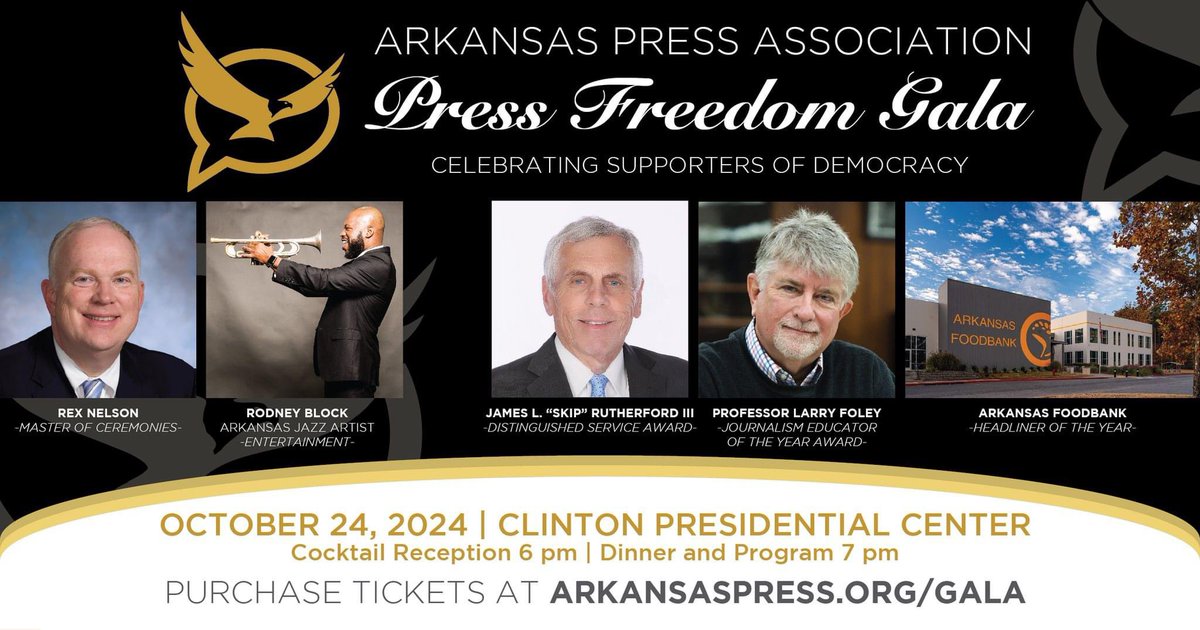 ONLY TWO TABLES REMAINING! 🗞️

Join us for a special evening on October 24 at the Clinton Presidental Center as we honor the Arkansas Foodbank, Skip Rutherford and Prof. Larry Foley at the third annual Press Freedom Gala. Tickets: arkansaspress.org/gala