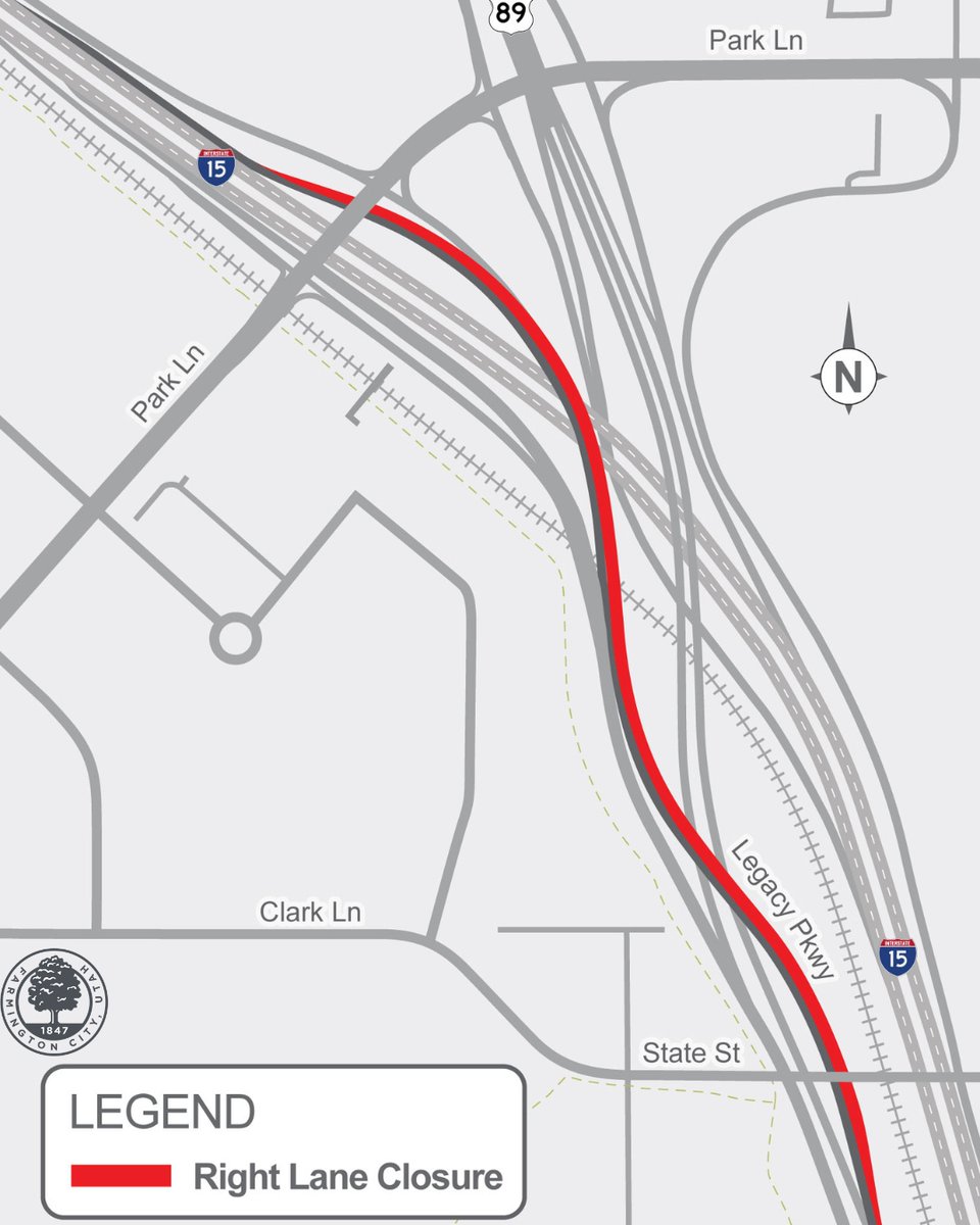 FarmingtonCity's tweet photo. Starting Oct. 10 through mid-December, the Legacy Pkwy on-ramp to northbound I-15 in Farmington will be reduced to one lane for pedestrian bridge construction.
 
The southbound lane closure that began last week will remain in place through November.
 
Questions? Call 385-7... https://t.co/cnfnwm6C3d