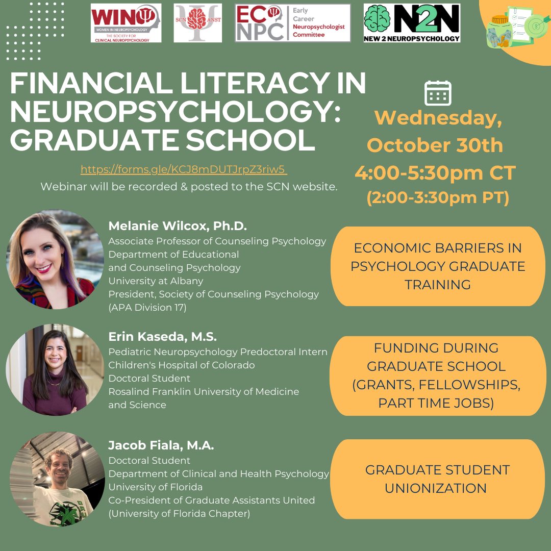 DIV40ANST (@div40anst) on Twitter photo Current neuropsych grad students & interns, JOIN US 10/30 at 4pm CT for the last installment of our, <a href="/SCN_WIN/">Women in Neuropsychology (WIN)</a>, <a href="/Div40ECNPC/">SCN ECNPC</a>, & <a href="/New2Neuropsych/">New2Neuropsychology</a>’s FINANCIAL LITERACY series! Discussion will focus on economic barriers & identifying solutions. Register: forms.gle/KCJ8mDUTJrpZ3r… Current neuropsych grad students & interns, JOIN US 10/30 at 4pm CT for the last installment of our, <a href="/SCN_WIN/">Women in Neuropsychology (WIN)</a>, <a href="/Div40ECNPC/">SCN ECNPC</a>, & <a href="/New2Neuropsych/">New2Neuropsychology</a>’s FINANCIAL LITERACY series! Discussion will focus on economic barriers & identifying solutions. Register: forms.gle/KCJ8mDUTJrpZ3r…