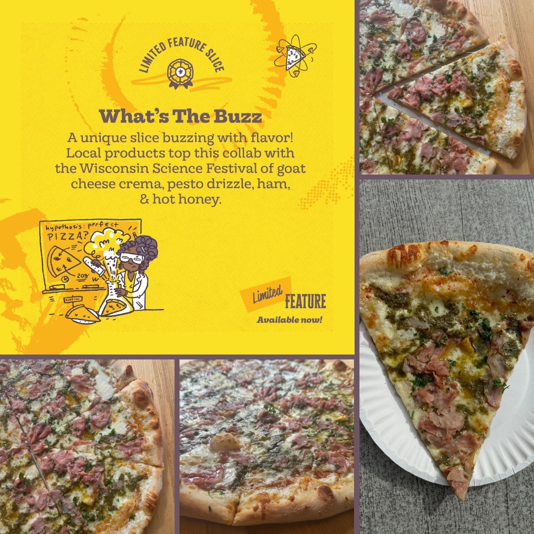 🍕🐝 Get ready for a pizza that’s the bee’s knees! 

🅦🅗🅐🅣'🅢 🅣🅗🅔 🅑🅤🅩🅩?? Goat crema base, mozzarella, pesto, savory ham, and a drizzle of honey. Available now until Oct. 21st!

 #FoodScience #WisconsinEats #FlavorFusion #IansPizza #WeeklySpecial