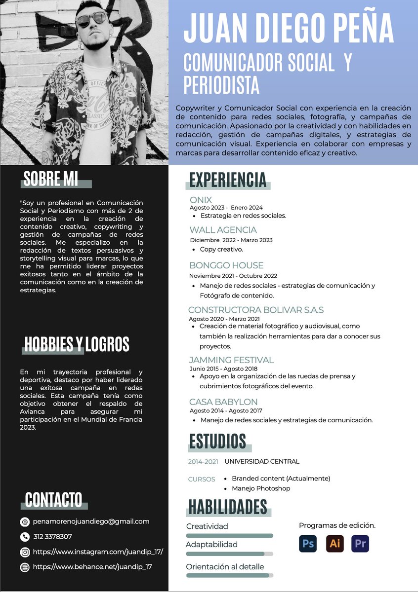 _Juandi17's tweet photo. Copywriter y Comunicador Social buscando nuevas oportunidades laborales.
Durante mi carrera, he tenido el placer de colaborar con diversas empresas y marcas, desarrollando contenido eficaz y atractivo que resuena con las audiencias.
Si conoces alguna oportunidad, te agradecería https://t.co/lVefjQ5NbB