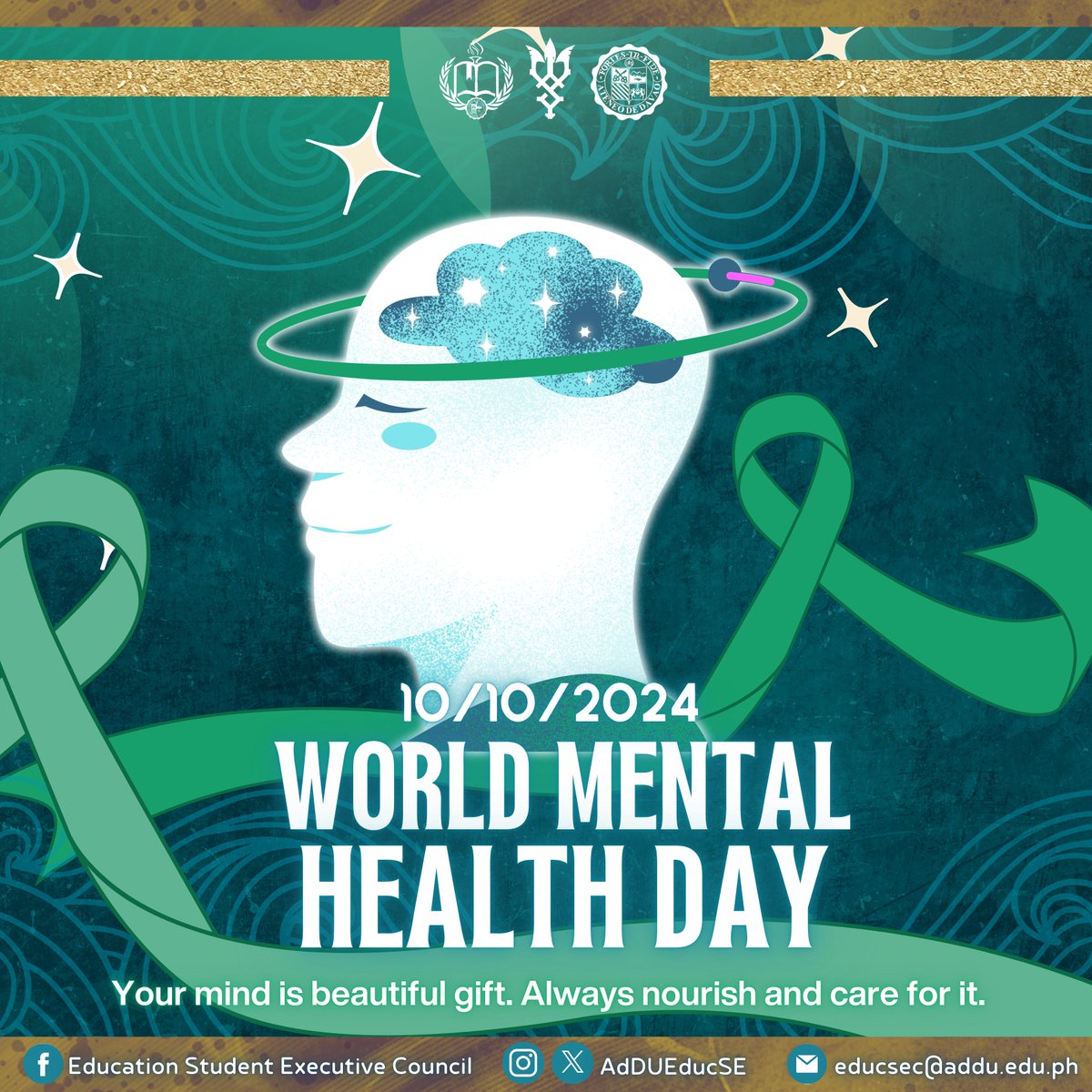 AdDUEducSEC's tweet photo. 𝐇𝐚𝐩𝐩𝐲 𝐖𝐨𝐫𝐥𝐝 𝐌𝐞𝐧𝐭𝐚𝐥 𝐇𝐞𝐚𝐥𝐭𝐡 𝐃𝐚𝐲!🌍

Today, let’s prioritize mental well-being and support one another in breaking the stigma. Remember, it’s okay to reach out for help and practice self-care. 💚

#KingoftheSeas 🔱 https://t.co/pZTjpOyu8A