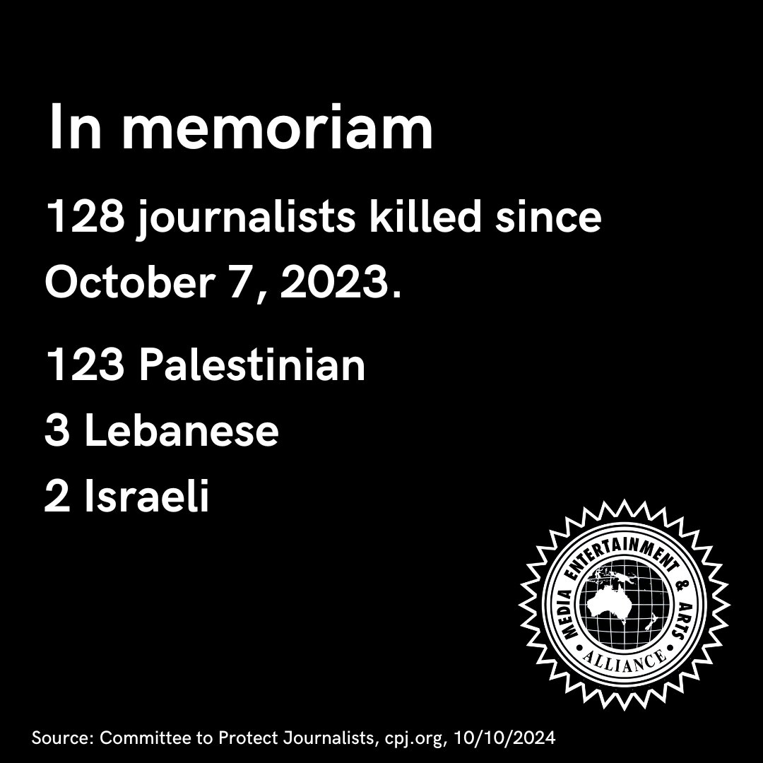 withMEAA's tweet photo. MEAA joins with affiliates of the @IFJGlobal from around the world in today pausing to remember those journalists who have been killed since the Hamas massacre of October 7 and the launch of Israel’s war in Gaza in response. https://t.co/DJ2NOWji77