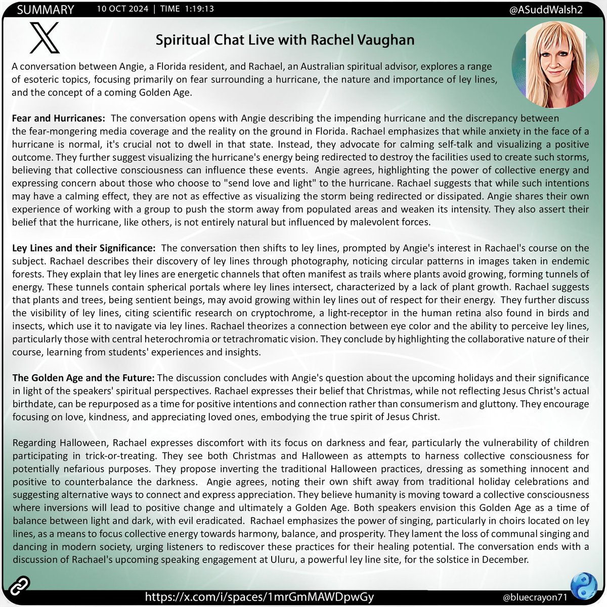 bluecrayon71's tweet photo. Spiritual Chat Live with Rachel Vaughan @ASuddWalsh2
@weazel8888
🔗 https://t.co/Y0dZhqul7M
#spirituality #collectiveconsciousness #fear #manifestation #leylines #auras #vibrationalfrequency #shadowwork #karmicclearing #spiritualascension #goldenage #fived #healing #innerwork https://t.co/xEOZUWsUqV