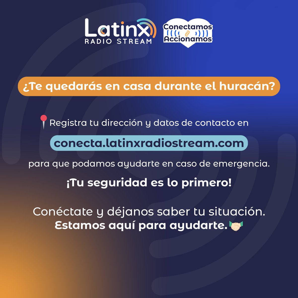 LatinXRadioStrm's tweet photo. 📍 ¿Te quedarás en casa durante el huracán?
Registra tu dirección y datos en https://t.co/yvUegcOHMy para que podamos ayudarte en caso de emergencia. 🆘 ¡Tu seguridad es lo primero!
#Emergencia #Florida #HuracanMilton https://t.co/J0PKbIuF7H
