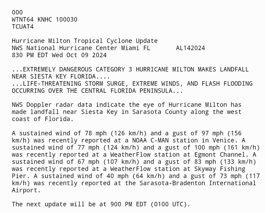 Coastal Marine Station, VENF1 at Venice Beach, 20 miles from the eye of Hurricane Milton measuring wind gusts up to 97 mph, and mentioned as a key observation by the <a href="/NWS/">National Weather Service</a>  <a href="/NWSNHC/">National Hurricane Center</a> 

ndbc.noaa.gov/station_page.p…