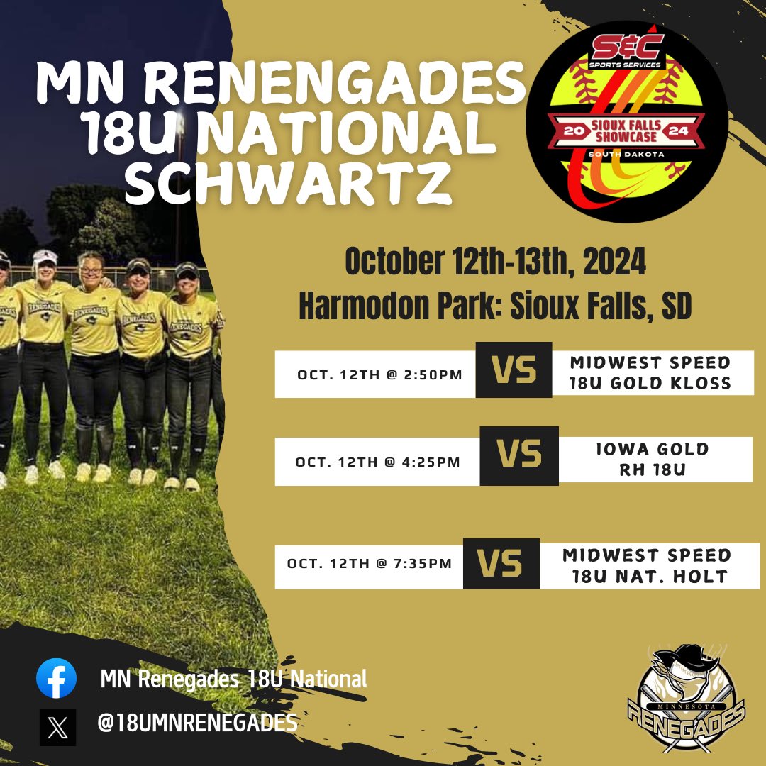 Minnesota Renegades 18U National (@18umnrenegades) on Twitter photo The Rennies are on the road this weekend in South Dakota for the S&C Sioux Falls Showcase. <a href="/MNRenegadesSB/">Minnesota Renegades</a> <a href="/syddschwartz11/">Sydney Schwartz</a> The Rennies are on the road this weekend in South Dakota for the S&C Sioux Falls Showcase. <a href="/MNRenegadesSB/">Minnesota Renegades</a> <a href="/syddschwartz11/">Sydney Schwartz</a>