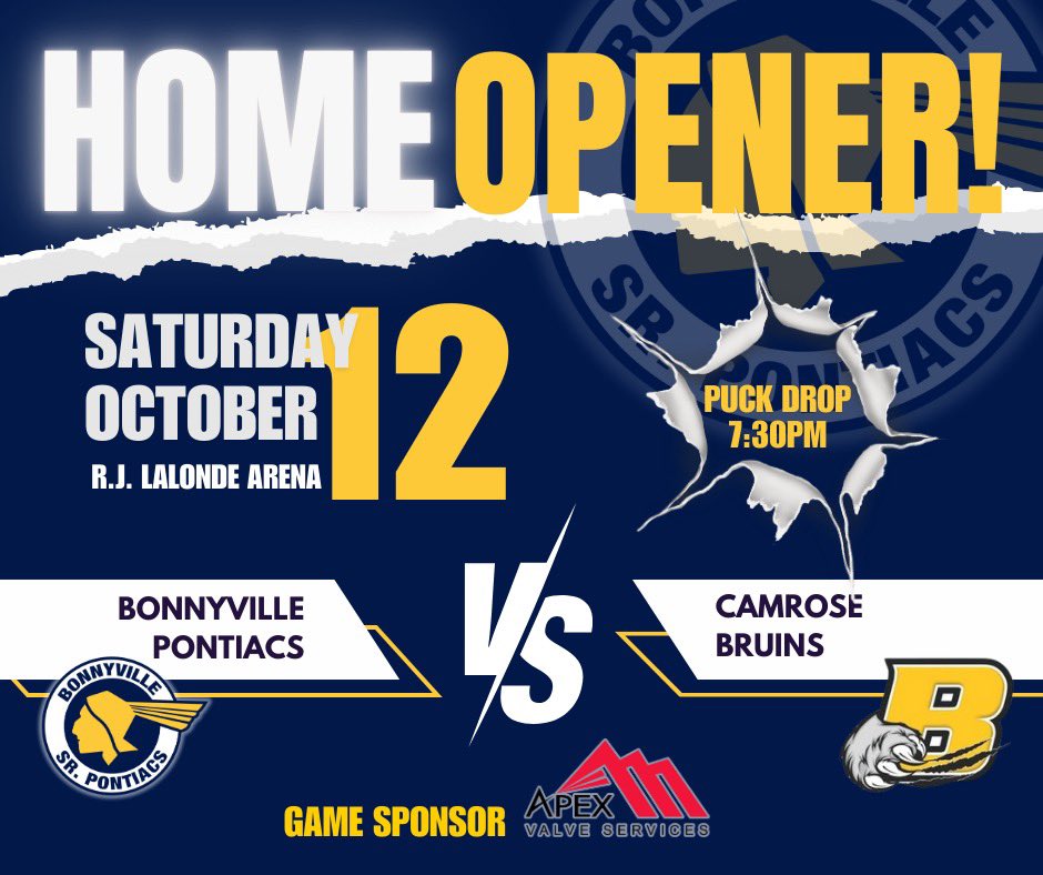 First game of the season is fast approaching. Get out to the RJ Saturday and check out some sr men’s AA hockey. Thanks to Apex Valve Services  in town for sponsoring the game.