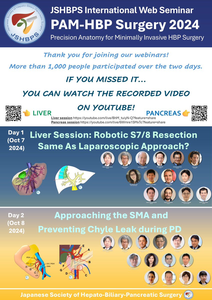GREAT NEWS! Recorded webinar videos available on YouTube📣

More than 1000 people attended #pamhbp2024 webinars🙏🏼

If you missed it, plz click URL or read QR code😉

Liver session on Oct 7 2024
youtube.com/live/BhM_tuiyN…

Pancreas session on Oct 8 2024
youtube.com/live/6Wmre1SMx…