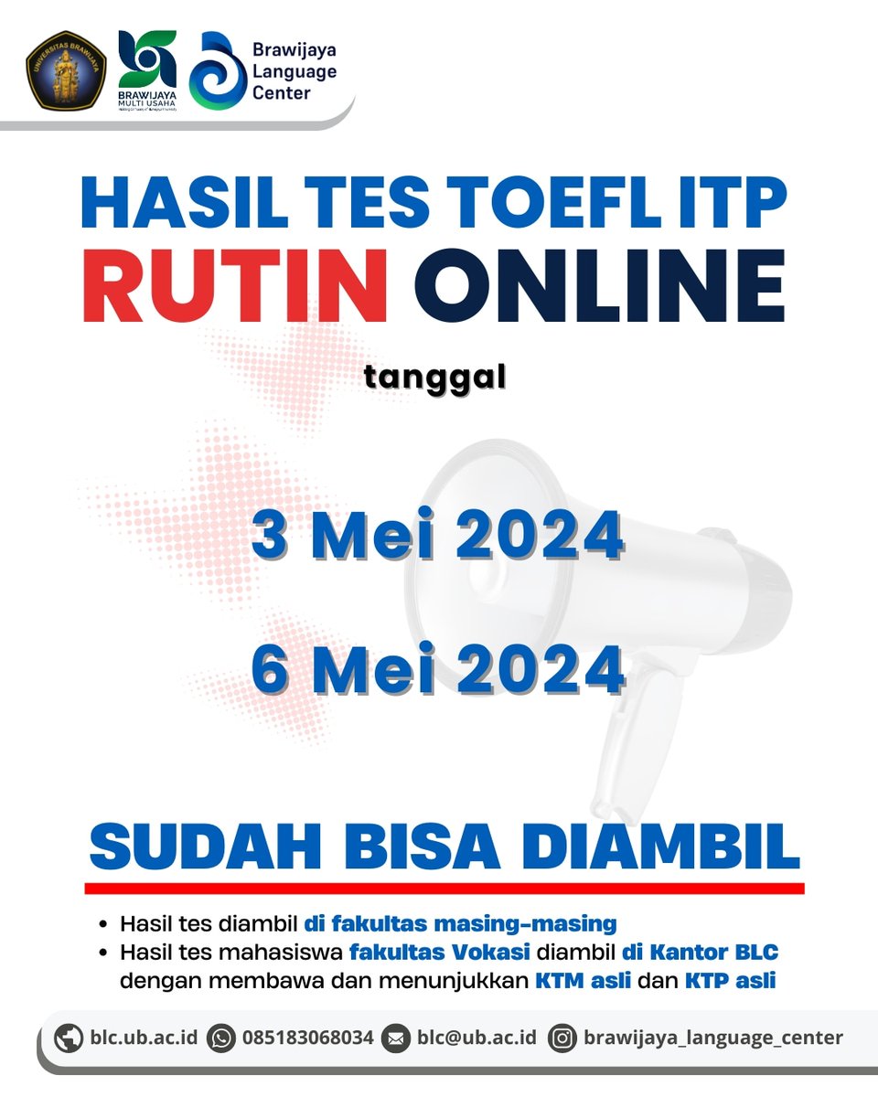 Hai, Kak!

Hasil tes TOEFL ITP Rutin untuk tanggal berikut sudah bisa diambil ya 😉👍

<a href="/infoUB/">IG - LINE : infoub</a> <a href="/UB_Official/">Universitas Brawijaya</a> 
#toeflitp #toeflub #brawijayalanguagecenter