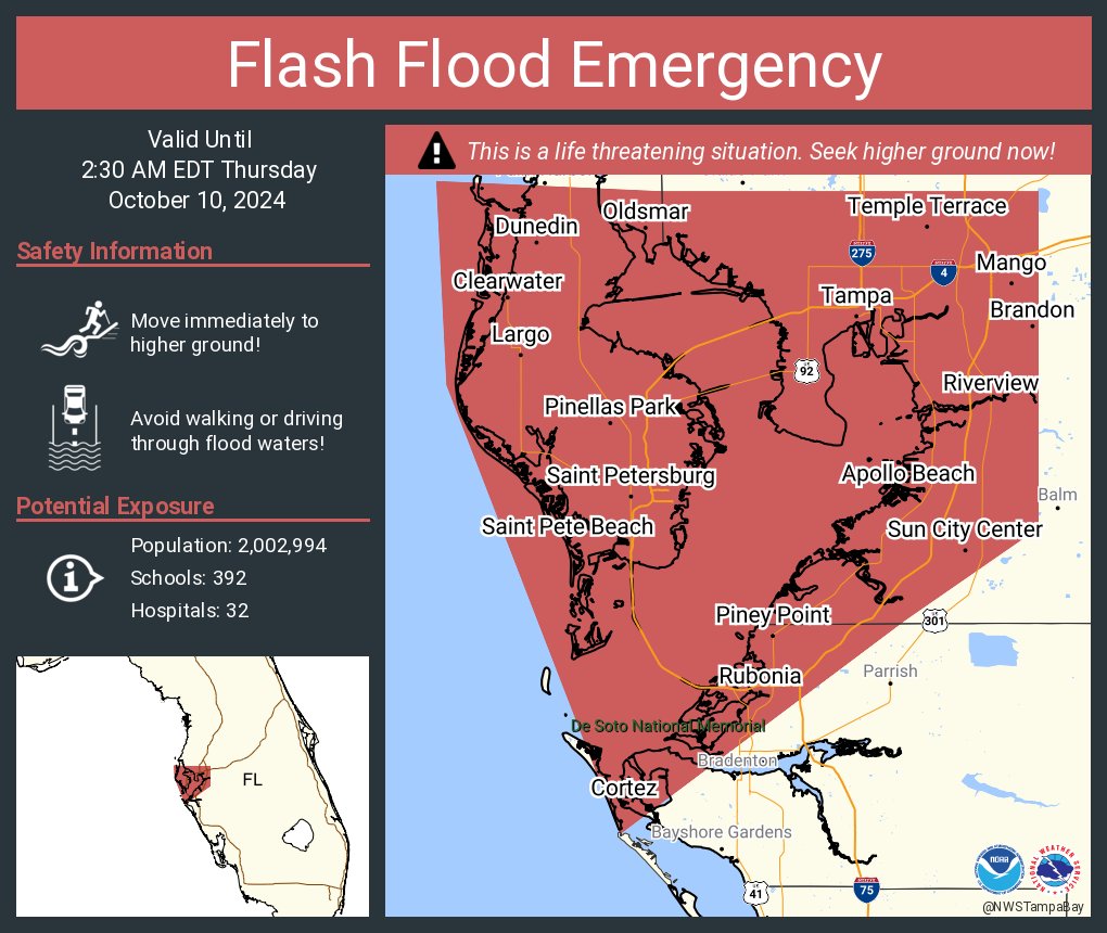 Flash Flood Emergency continues for Tampa FL, Saint Petersburg FL and  Clearwater FL until 2:30 AM EDT