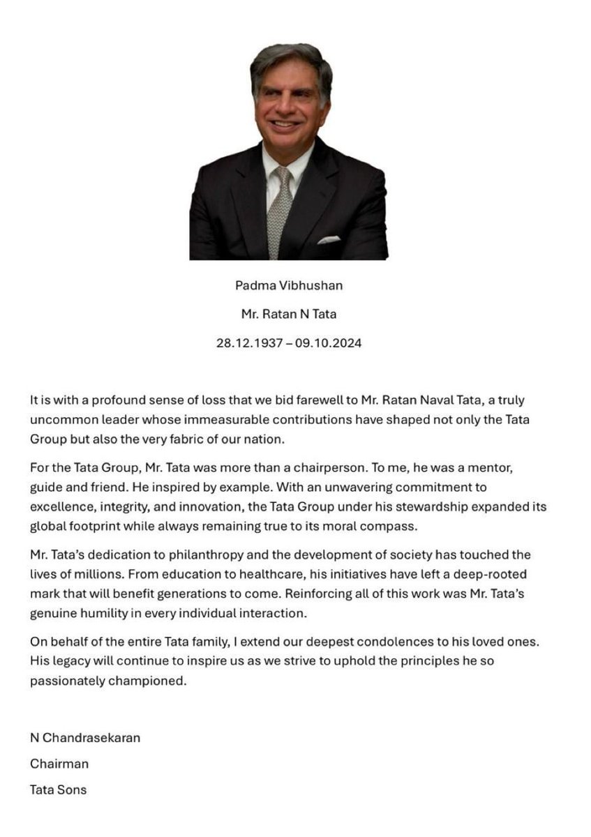 Tata Memorial Hospital (@tatamemorial) on Twitter photo We are deeply saddened by the passing of Mr Ratan Tata. A visionary leader with the highest integrity, but also an incredibly compassionate person. Truly a nation builder.
<a href="/TataMemorial/">Tata Memorial Hospital</a> is indebted to him for his sustained support over the decades. We are deeply saddened by the passing of Mr Ratan Tata. A visionary leader with the highest integrity, but also an incredibly compassionate person. Truly a nation builder.
<a href="/TataMemorial/">Tata Memorial Hospital</a> is indebted to him for his sustained support over the decades.